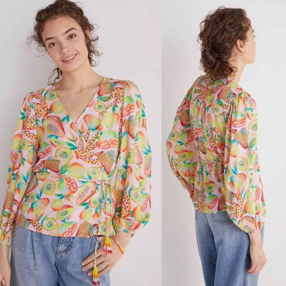 Farm Rio Anthropologie Rainforest Boho Colorful Wrap Blouse Beaded Ties Size XS